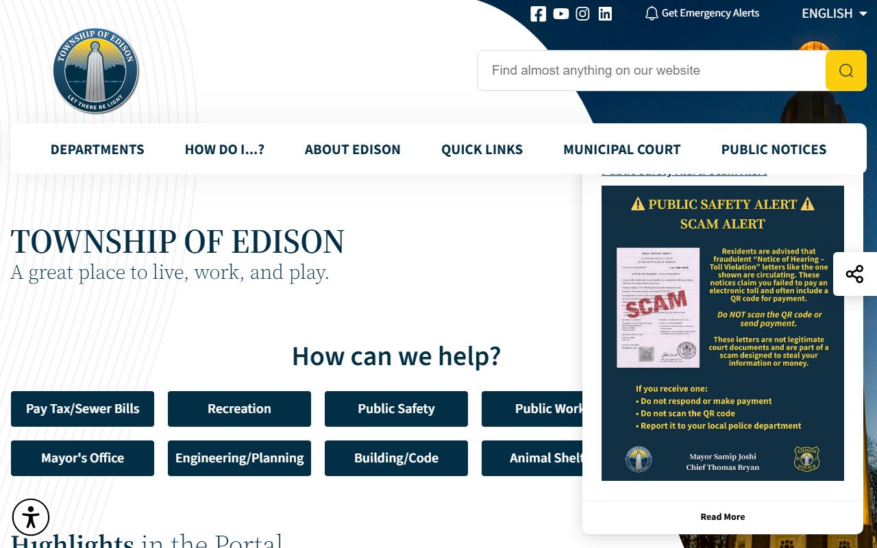 Edison Township website 24 hour booking