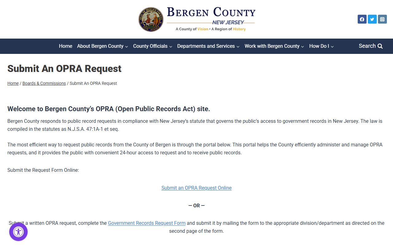 Bergen County OPRA portal 24 hour booking records