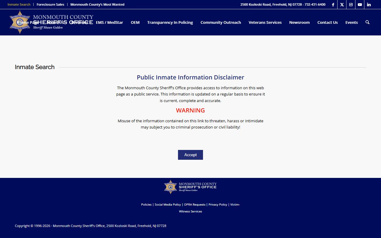 Monmouth County inmate search 24 hour booking