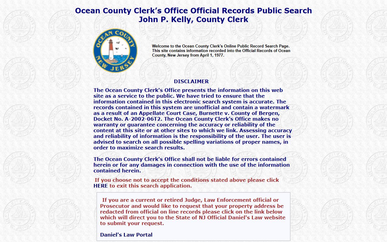 Ocean County land records search 24 hour booking