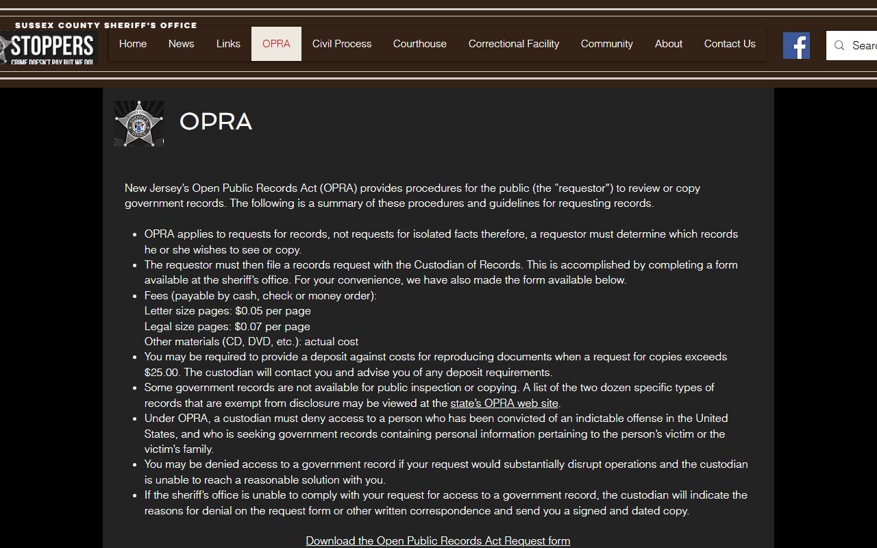 Sussex County OPRA 24 hour booking records